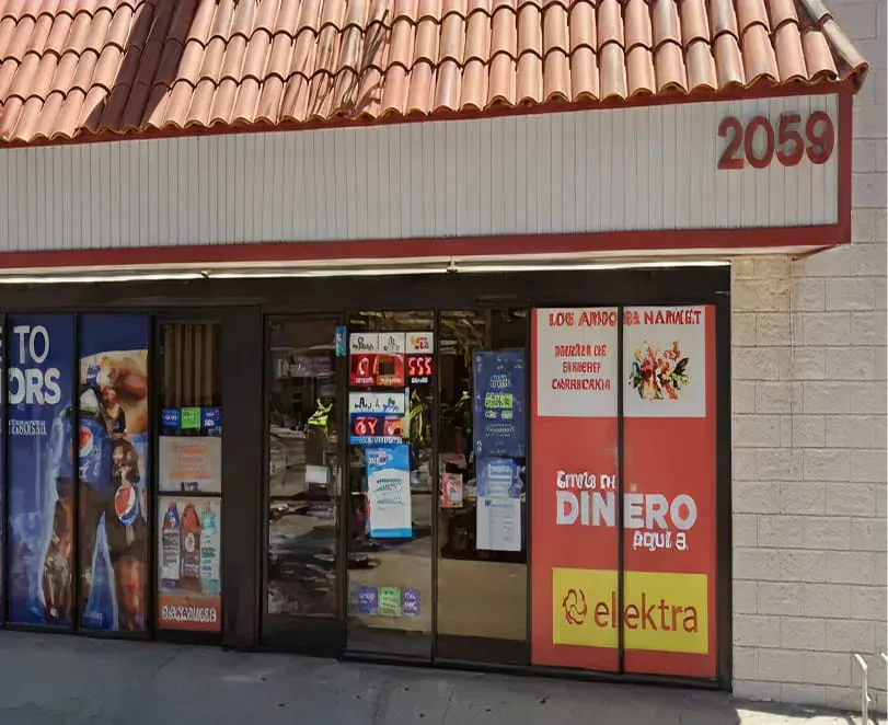 Front entrance of Juniors Market with storefront windows and main door